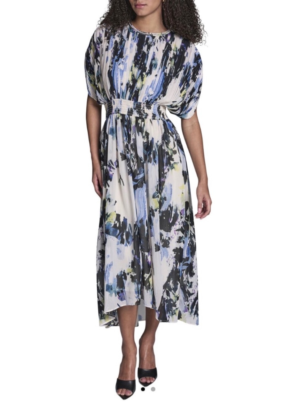 Abstract Print Plissé Chiffon Midi Dress BCBG